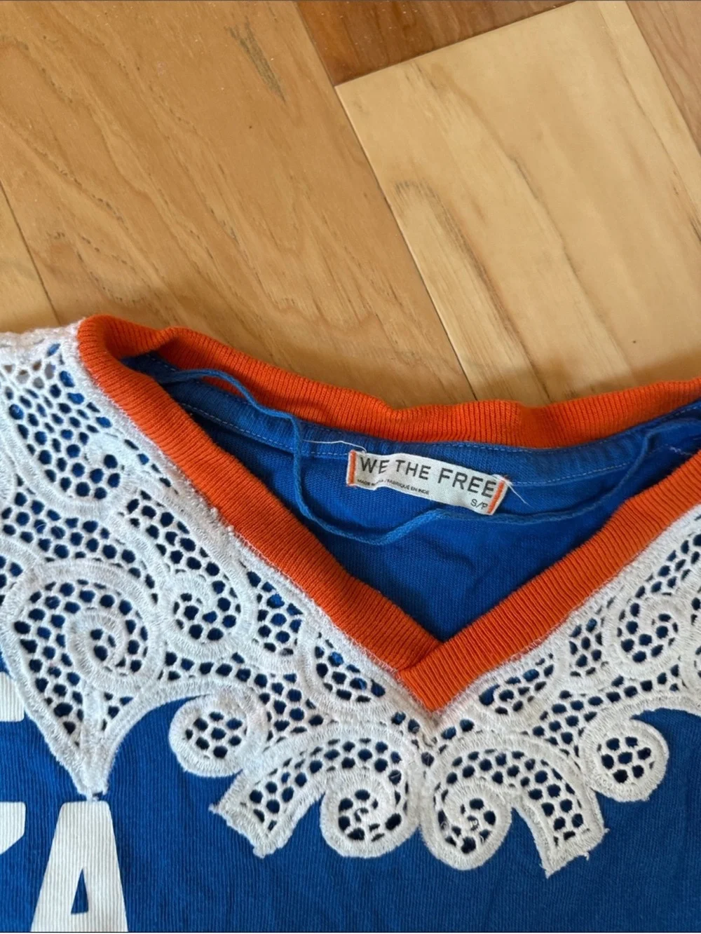 Free people Cambridge oversized Blue & Orange Lace-Trim Jersey style tee